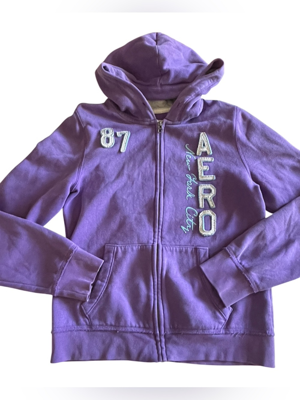 Y2K Aeropostal “New York City” “87” Purple Zip-Up Hoodie with Embroidered Logo